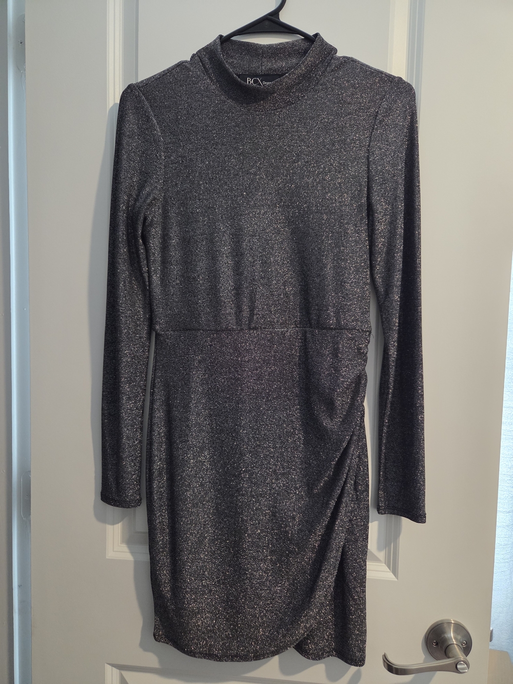 BCX Shimmery Long-Sleeve Mock Neck Dress in Metallic Charcoal